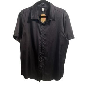 306 Black Satin Button Down Blouse Short Sleeve Collared Shirt, Silky Dressy Top